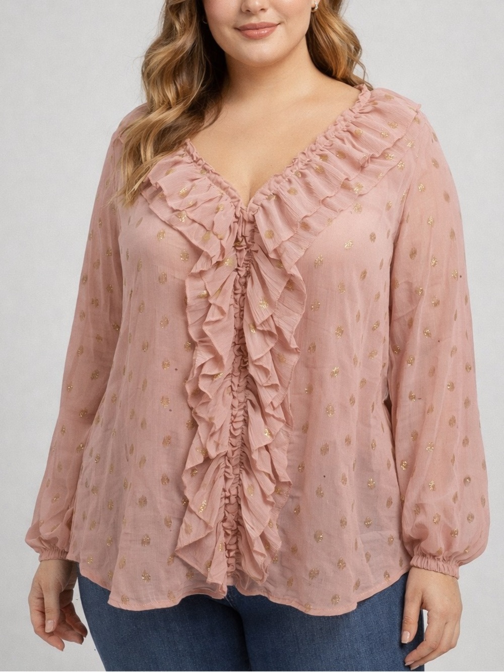 SHEIN CURVE Blush Pink Ruffle Collar Sheer Blouse with Gold Dot Accents 4X